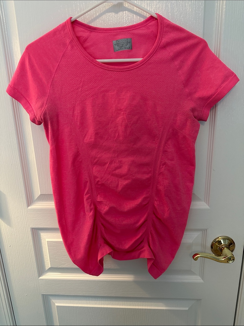 Athleta Fastest Track Short Sleeve Ruched Workout Tee - Hot Neon Pink Size Small